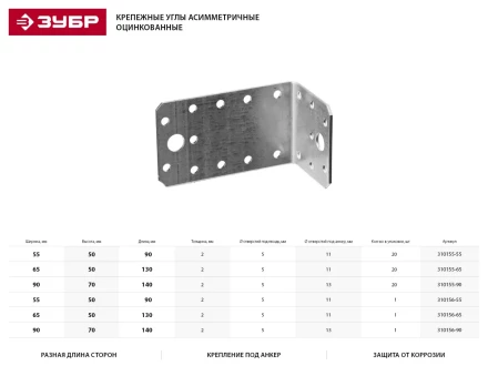 Крепежный уголок ЗУБР "МАСТЕР" асимметричный, 65х50х130мм, 1шт 310156-65 купить в Надыме