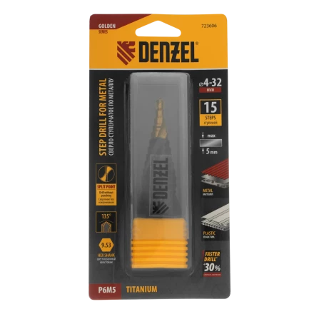 Сверло ступенчатое Denzel 723606, 4-6-8-10-12-14-16-18-20-22-24-26-28-30-32 мм, Р6М5, 6-гр. хвостовик купить в Надыме