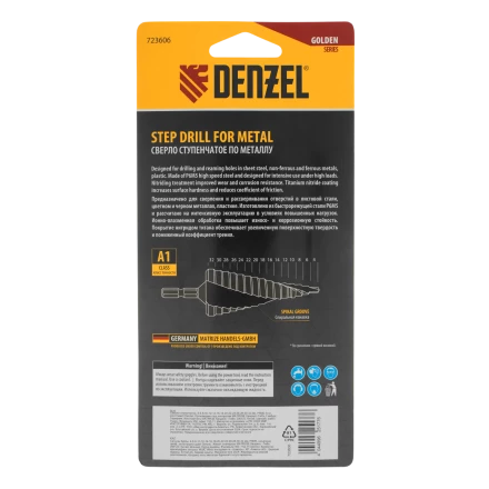 Сверло ступенчатое Denzel 723606, 4-6-8-10-12-14-16-18-20-22-24-26-28-30-32 мм, Р6М5, 6-гр. хвостовик купить в Надыме