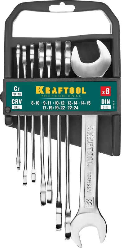 Наборы ключей гаечных рожковых KRAFTOOL, Cr-V, DIN 3110, на пластиковой подвеске 27033-H8C