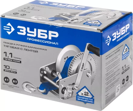 Лебедка ручная барабанная ЗУБР "ПРОФЕССИОНАЛ", тяговая, ленточная, 1,1т, 10м 43115-1.1 купить в Надыме