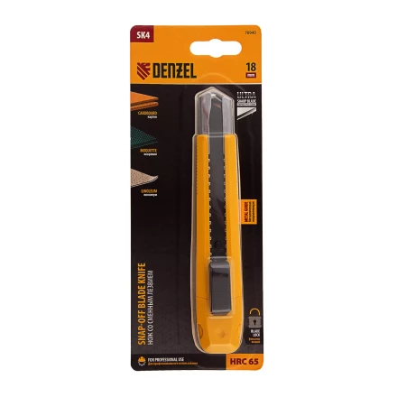 Нож Denzel, 18 мм, сменное лезвие, SK4, метал. направляющая, клипса, нажимной фиксатор, 78940 купить в Надыме