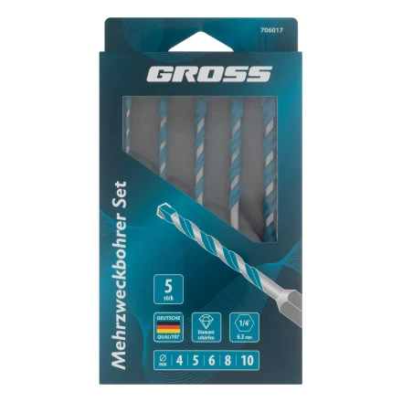 Набор сверл универсальных Gross 706017, Multipurpose PRO, 6-гр. хвостовик, 4-10мм, 5шт купить в Надыме