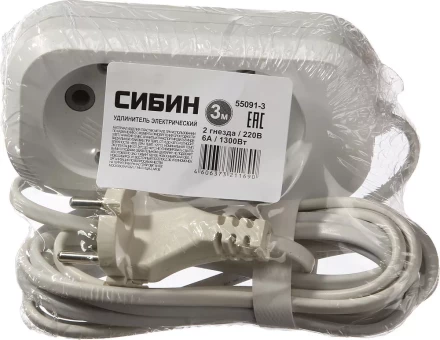 Удлинитель СИБИН электрический, ШВВП сечение 0,75кв мм, 2 гнезда, макс мощн 1300Вт, 3м 55091-3 купить в Надыме
