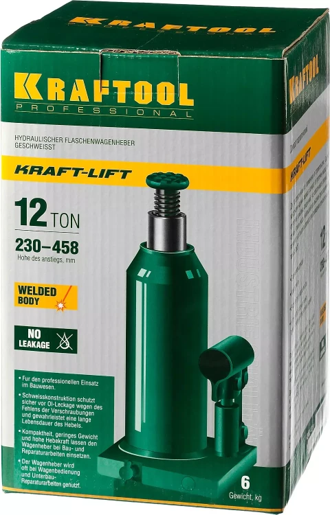 Домкрат гидравлический бутылочный "Kraft-Lift", сварной, 12т, 230-458мм, KRAFTOOL 43462-12 43462-12_z01 купить в Надыме