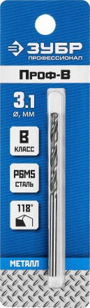 ЗУБР ПРОФ-В, 3.1 х 65 мм, сталь Р6М5, класс В, сверло по металлу, Профессионал (29621-3.1) купить в Надыме