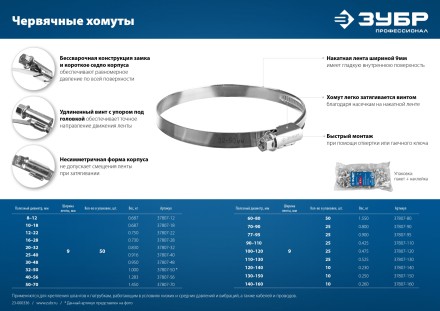 ЗУБР Х-9Н, 120 - 140 мм, накатная лента 9 мм, цинк, 10 шт, червячный хомут (37807-140) купить в Надыме