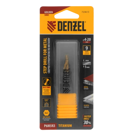 Сверло ступенчатое Denzel 723613, 4-6-8-10-12-14-16-18-20 мм, Р6М5К5, 6-гр. хвостовик купить в Надыме