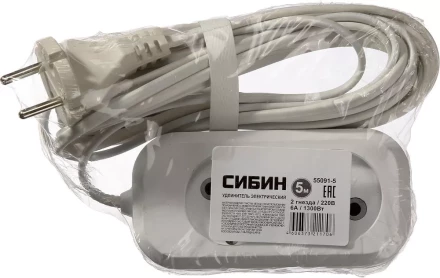 Удлинитель СИБИН электрический, ШВВП сечение 0,75кв мм, 2 гнезда, макс мощн 1300Вт, 5м 55091-5 купить в Надыме
