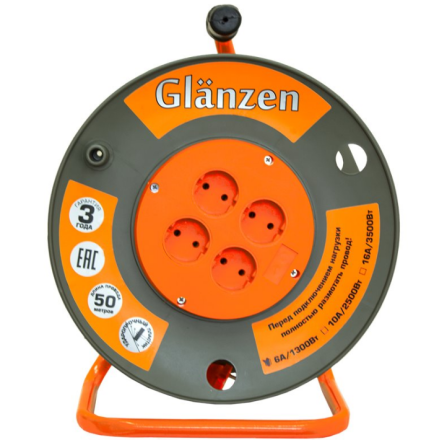 Удлинитель силовой на катушке GLANZEN 4 гн. ПВС 2х1,5 EB-50-006 купить в Надыме