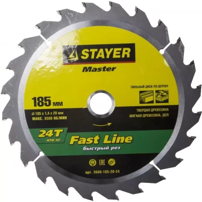 Диск пильный "FAST-Line" по дереву, 185x20мм, 24Т, STAYER 3680-185-20-24