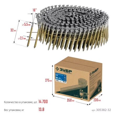 ЗУБР CNW 32 х 2.1 мм, барабанные гвозди рифленые, 14700 шт (305382-32) купить в Надыме