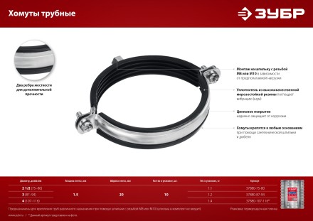 ЗУБР 3, М8/М10, цинк, 10 шт, трубный хомут с гайкой (37880-87-94) купить в Надыме