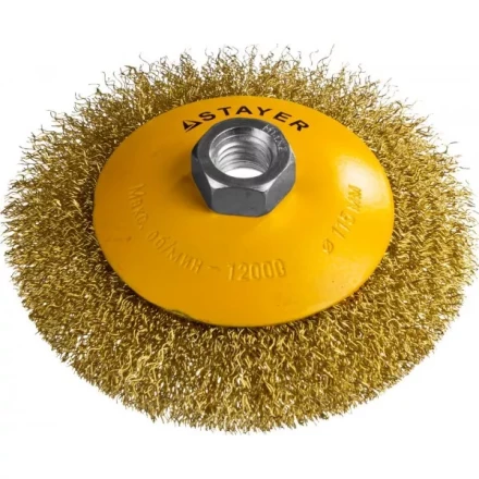 STAYER "PROFESSIONAL". Щетка коническая для УШМ, витая стальная латунированная проволока 0,3мм, 115ммхМ14 35133-115 купить в Надыме