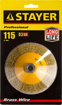 STAYER "PROFESSIONAL". Щетка коническая для УШМ, витая стальная латунированная проволока 0,3мм, 115ммхМ14 35133-115 купить в Надыме