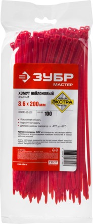 Хомуты нейлоновые ЗУБР &quot;МАСТЕР&quot; красные, 3,6 мм x 200 мм, 100 шт 309040-36-200 купить в Надыме