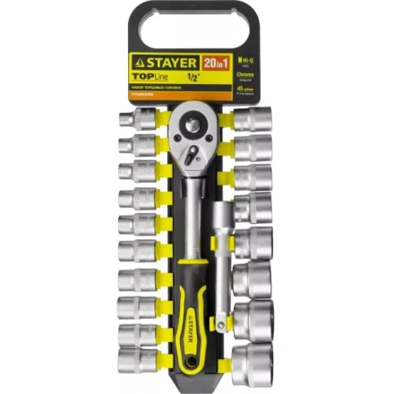 Набор STAYER &quot;STANDARD&quot;: Торцовые головки (1/2&quot;) на пластиковом рельсе, трещотка, удлинитель, 8-32мм, 20 предметов 27750-H20 купить в Надыме