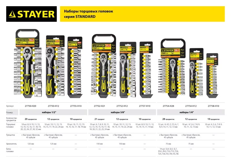 Набор STAYER "STANDARD": Торцовые головки (1/2") на пластиковом рельсе, трещотка, удлинитель, 8-32мм, 20 предметов 27750-H20 купить в Надыме