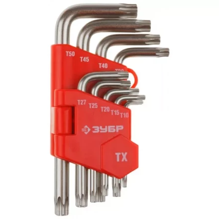 Набор ЗУБР Ключи "МАСТЕР" имбусовые короткие, Cr-V, сатинированное покрытие, пластик. держатель, TORX Т10-Т50, 9 пред 27462-1_z02 купить в Надыме