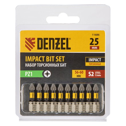 Бита IMPACT, PZ1x25 мм, лазерная обработка шлица, сталь S2, 10 шт., Е 6,3 Denzel 11686 купить в Надыме