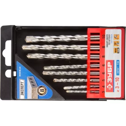 Набор ЗУБР Сверла по бетону ударные, 3-4-5-6-6-8-8-10 мм, пластиковый бокс, 8шт 29140-H8_z01 купить в Надыме