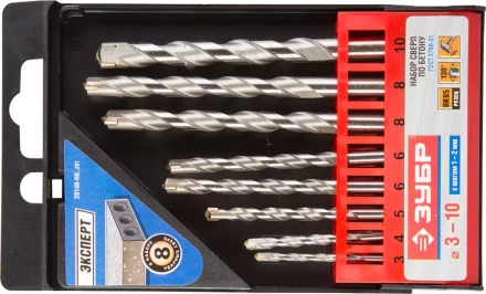Набор ЗУБР Сверла по бетону ударные, 3-4-5-6-6-8-8-10 мм, пластиковый бокс, 8шт 29140-H8_z01 купить в Надыме