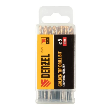 Сверло по металлу Denzel, 5 мм, HSS-Tin, Golden Tip, набор 10 шт., 717213 купить в Надыме