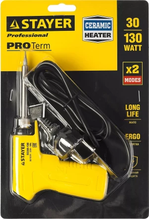 Паяльник с пистолетной пластмассовой рукояткой, STAYER "PROFI" PROTerm, 55308-130, 30 - 130 Вт, с керамическим нагревательным элементом 55308-130 купить в Надыме