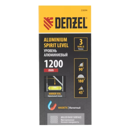 Уровень алюминиевый Denzel 33694, магнит, фрезерованный, 3 глазка (1 зеркал.), 0,5 мм/м, 1200 мм купить в Надыме