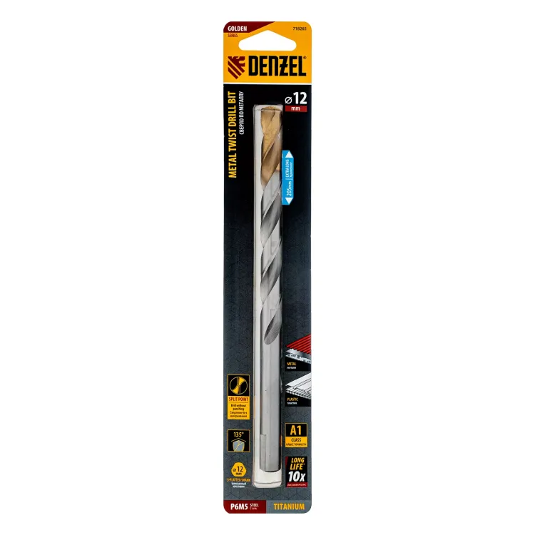 Сверло спиральное по металлу Denzel 12 x 205 мм, Р6М5, Golden Tip, удлиненное 718265 купить в Надыме