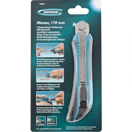 Нож 170 мм обрезин. ABS - корпус выдв.сегм.лезвие 18 мм SK-5 метал. напр-щая + 5 лезвий GROSS 78893 купить в Надыме