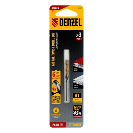 Сверло спиральное по металлу Denzel 3 x 61мм, Р6М5, Golden Tip, многогранная заточка, 2шт., 718268 купить в Надыме