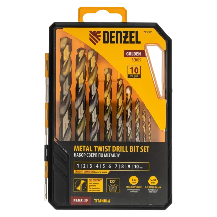 Набор сверл по металлу Denzel 723001, 1-10 мм, Р6М5-TiN, Golden Tip, 10 шт купить в Надыме