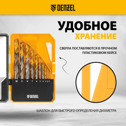 Набор сверл по металлу Denzel 723001, 1-10 мм, Р6М5-TiN, Golden Tip, 10 шт купить в Надыме