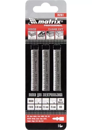 Полотна для электролобзика по дереву 3 шт T101B 75 х 2,5мм HCS MATRIX Professional 78201 купить в Надыме
