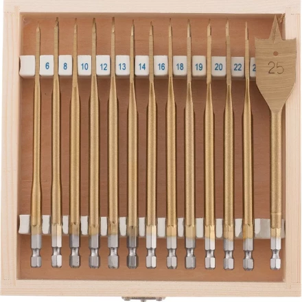 Набор сверл перовых по дереву 6-8-10-12-13-14-16-18-19-20-22-24-25 мм 13 штук деревянный кейс MATRIX 70442 купить в Надыме