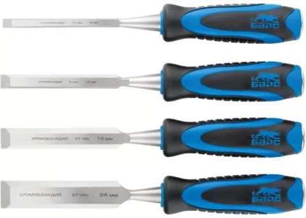 Набор долот-стамесок плоских 4шт 8-12-18-24 мм двухкомпонентная рукоятка металлический затыльник БАРС 24452 купить в Надыме