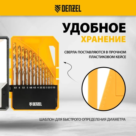 Набор сверл по металлу Denzel 723002, 1,5-6,5мм, Р6М5-TiN, Golden Tip, 13 шт купить в Надыме