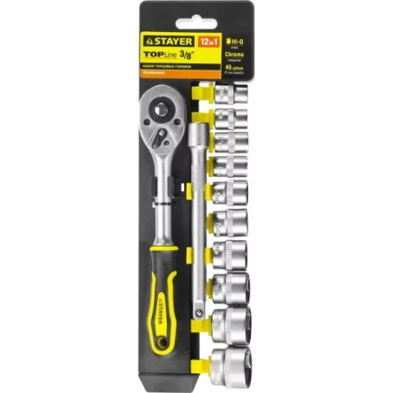 Набор STAYER "STANDARD": Торцовые головки (3/8") на пластиковом рельсе, трещотка, удлинитель, 10-24мм, 12 предметов 27752-H12 купить в Надыме