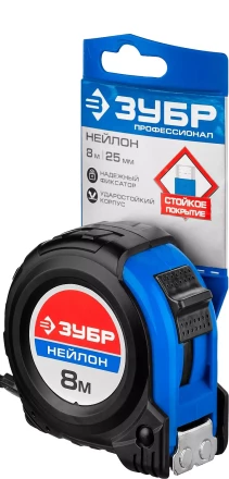 Рулетка ЗУБР "НЕЙЛОН", нейлоновое покрытие, упрочненное полотно, ударопрочный обрезиненный корпус, 8м/25мм 34056-08-25_z01 купить в Надыме