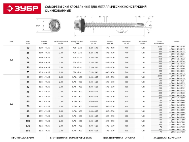Саморезы ЗУБР "ПРОФЕССИОНАЛ" окраш., RAL 6002 зелен. лист, для крепл. кров. матер. к дерев. обреш., 4.8х35мм, 1800шт 4-300310-48-035-6002 купить в Надыме