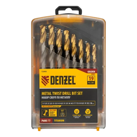 Набор сверл по металлу Denzel 723003, 1-10 мм, Р6М5-TiN, Golden Tip, 19 шт купить в Надыме