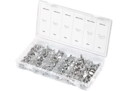 Набор гаек М5х0,5 М5х0,8 М6х0,75 М6х1 М8х1 М8х1,75 мм с "барашком" 150 предметов СИБРТЕХ 47606 купить в Надыме