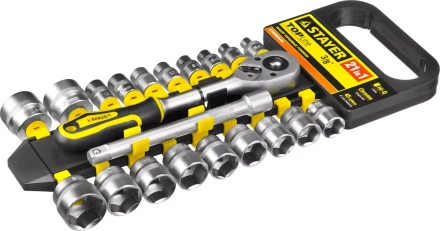 Набор STAYER "STANDARD": Торцовые головки (3/8") на пластиковом рельсе, трещотка, удлинитель, 6-24мм, 21 предмет 27752-H21 купить в Надыме