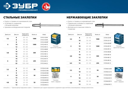 ЗУБР 3.2 x 10 мм, 50 шт, нержавеющие заклепки, Профессионал (313166-32-10) купить в Надыме