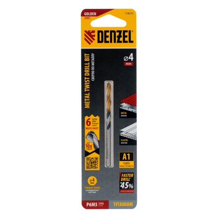 Сверло спиральное по металлу Denzel 4 x 75мм, Р6М5, Golden Tip, многогранная заточка 718272 купить в Надыме