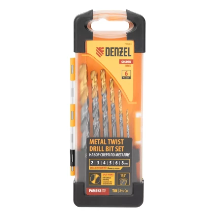 Набор сверл по металлу Denzel, 2-8мм, Р6М5К8-TiN, Golden Tip, 6 шт 723004 купить в Надыме