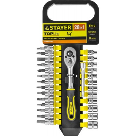 Набор STAYER &quot;STANDARD&quot;: Торцовые головки, биты-головки (1/4&quot;) на пластик рельсе, трещотка, удл-тель, 4-13мм, 28 пр. 27754-H28 купить в Надыме