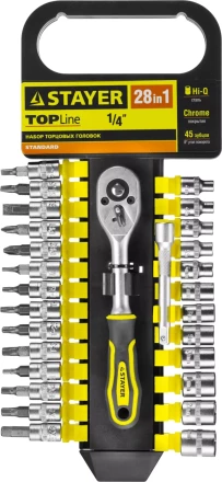 Набор STAYER &quot;STANDARD&quot;: Торцовые головки, биты-головки (1/4&quot;) на пластик рельсе, трещотка, удл-тель, 4-13мм, 28 пр. 27754-H28 купить в Надыме