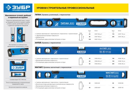 Уровень  ЗУБР &quot;ЭКСПЕРТ&quot; &quot;УСП - 2&quot;коробчатый усилен, 2 фрезерован баз поверхности, 3 ампулы, крашенный, с ручками, 100см 34587-100 купить в Надыме
